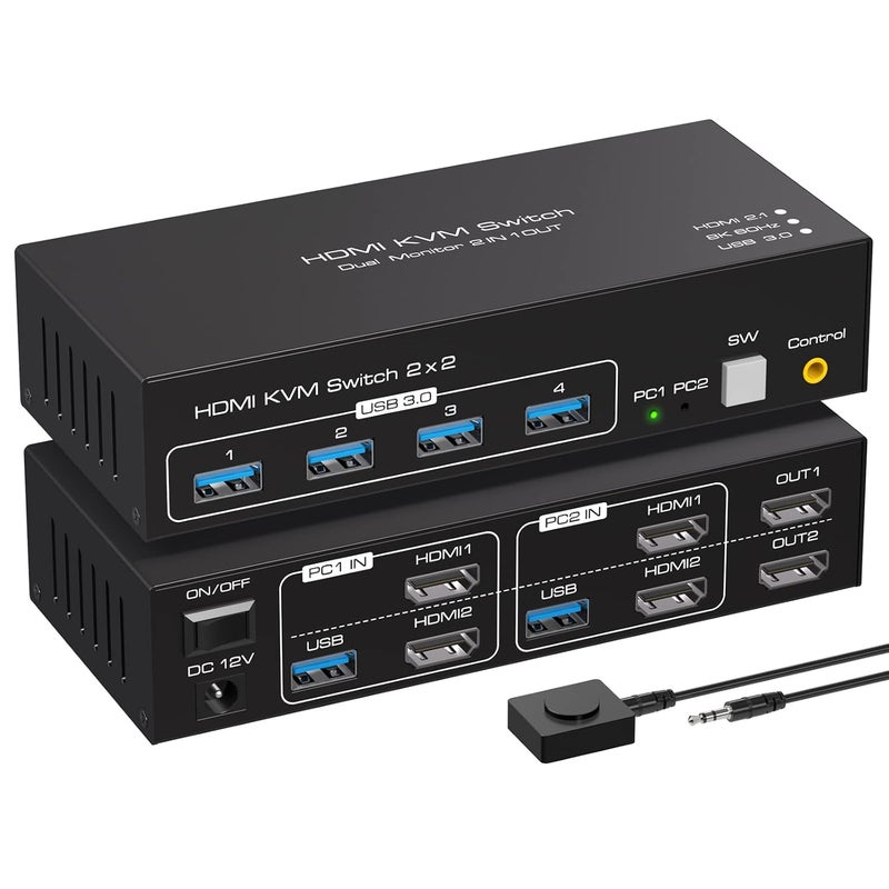 ATLAHET 8K HDMI KVM Switch 2 Monitors 2 Computers Support 8K 60Hz 4K 120Hz KVM Switcher for Two PC Share Dual Monitors and 4 USB 3.0 Devices Support Copy and Extend Mode with External Accessories - Image 1